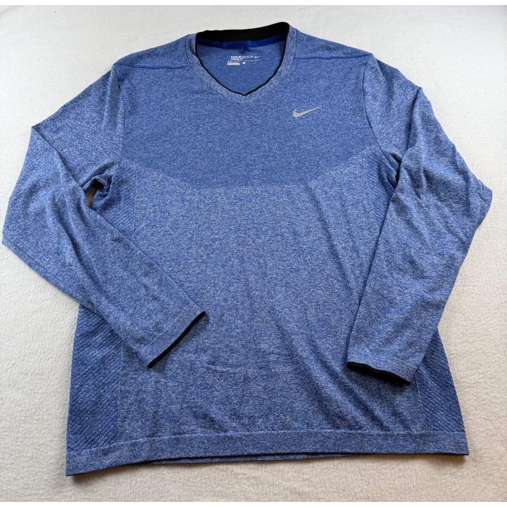 Nike Golf Shirt Mens L Blue Modern Fit V Neck Dri Fit Performance Lightweight